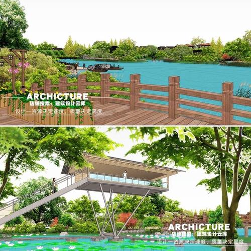 湿地公园湖心景观凌空观景平台荷花池鱼池莲池荷塘草图大师su模型