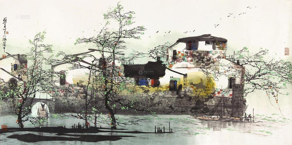 0019 江南水乡 镜片 设色纸本