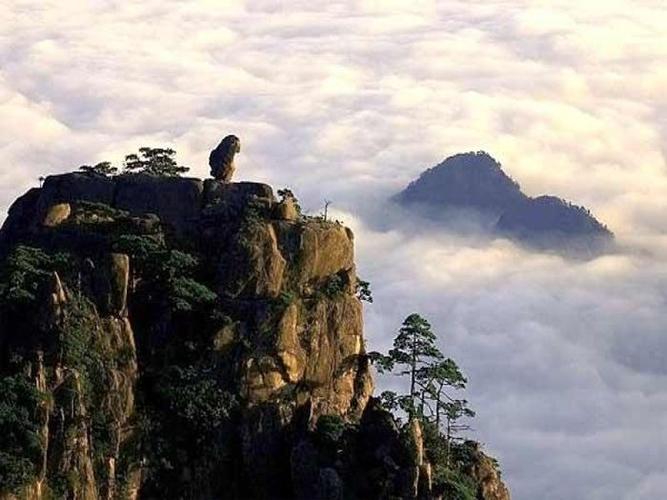 十六字令.石猴观海 石, 鬼斧神工巧构思. 生花笔, 独立彩云织.