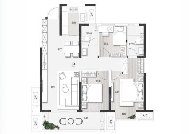 康桥九溪天悦-110平米-三室二厅二卫-b户型