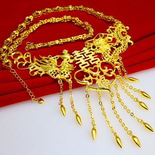 黄金项链足金999色18k镀金子吊坠新娘结婚首饰双喜牌坠子饰品