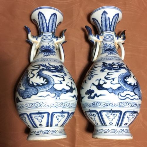 大元国1300ad 青花古代瓷器1 対双龙耳瓶.