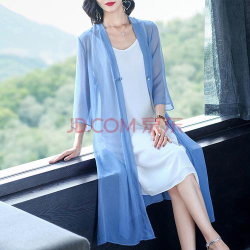 旗袍外搭开衫中长款夏季薄披肩女中国风雪纺外套配子空调衫 蓝色 m