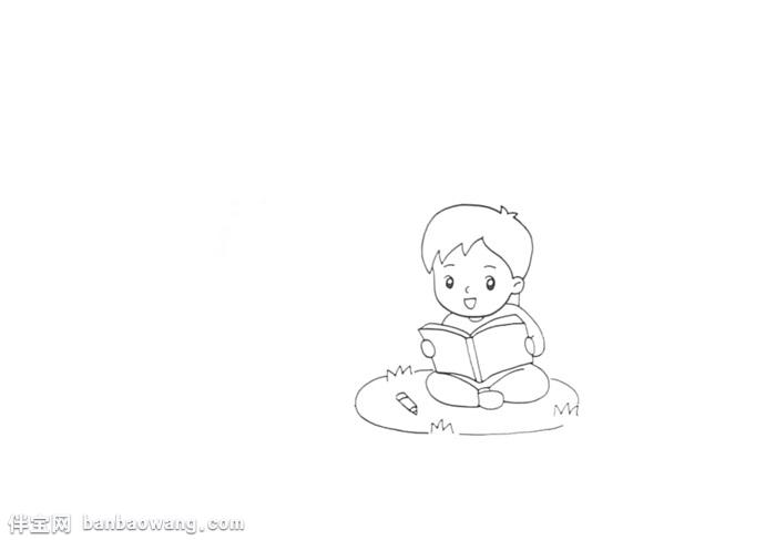 1,先在偏右的位置画一个盘着腿读书的小男孩,他的双手捧着书本