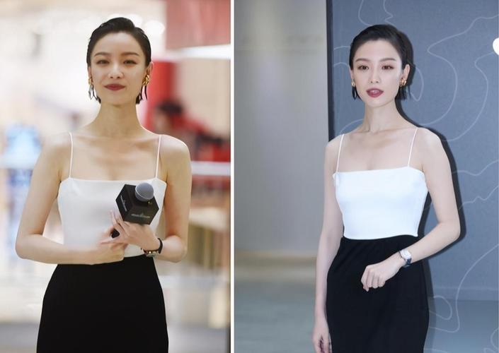 倪妮越来越成熟有型黑白拼色吊带裙秀锁骨身材精致气质更高级