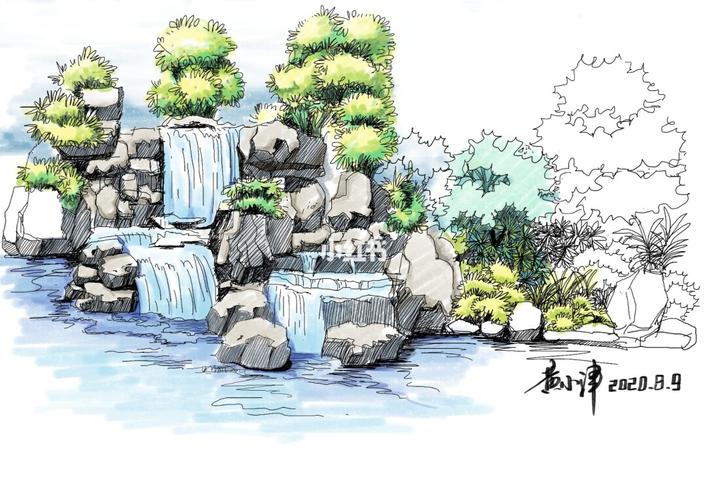 假山流水景观手绘_手绘_景观手绘_文化_绘画