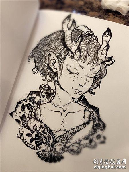 手绘龙女纹身图案手稿