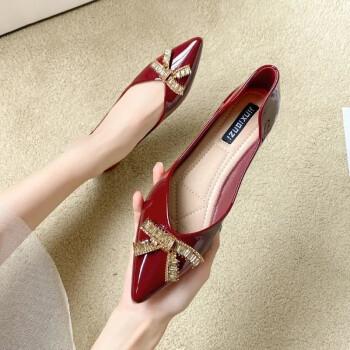 wang网红气质平底鞋女2021春秋新款水钻扣蝴蝶结舒适浅口尖头平跟瓢鞋