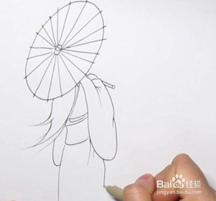 然后画出女子拿伞的手,还有长长的衣服,要画出背面的感觉哦.