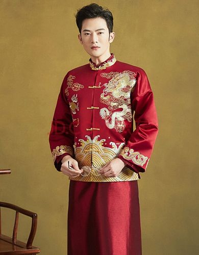 uxoc 秀禾服男款中式结婚礼服古装婚服马褂男士迎亲敬酒服唐装 红色 s