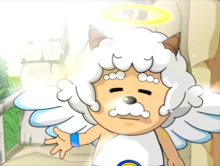 背上长着一双翅膀,身穿族长制服,骑着可以遥控的变形云,他同时是羊族