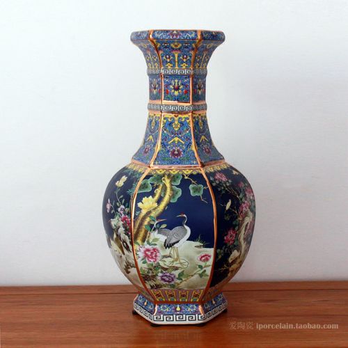 景德镇陶瓷器花瓶仿古描金珐琅彩粉彩六面花鸟工艺摆件装饰