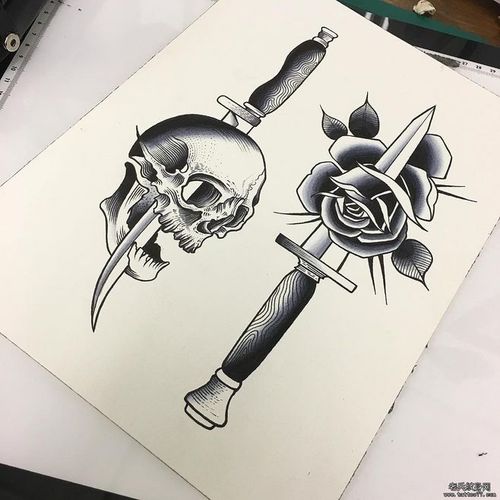 old school 玫瑰骷髅匕首纹身图案手稿