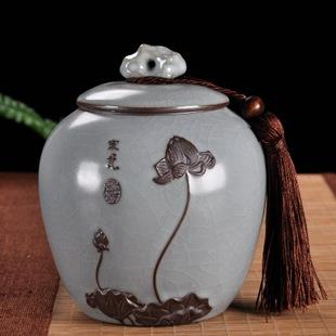 陶瓷茶叶罐哥窑汝窑浮雕密封罐子红茶普洱茶储存罐莲花茶盒批发