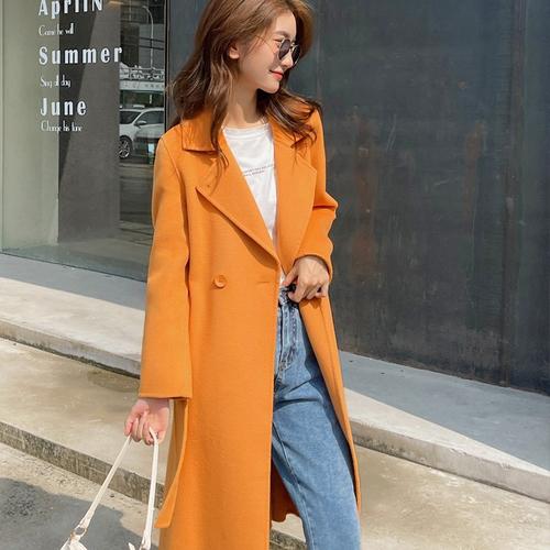 2021年双面羊绒大衣女长款高端新款小个子减龄橙色毛呢外套奶橘色