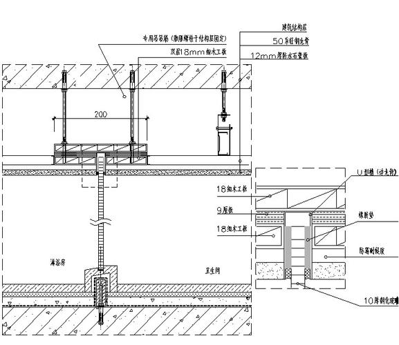 重点说明: 1,淋浴房玻璃上口与天花固定处需用双层细木工板内嵌u型槽