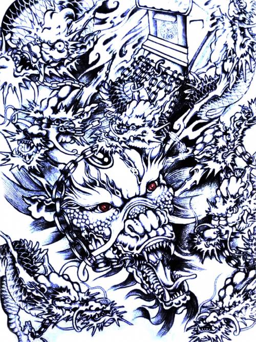 满背纹身图案,满背纹身手稿,满背九龙拉棺纹身图案,台州纹身,椒江