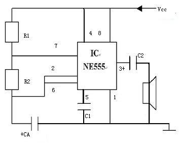 如下图是一个以ic ne555延时芯片为核心,r1,r2,ca组成的多谐振荡器