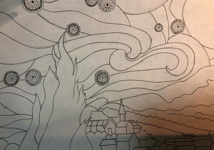 线描画78梵高的《星空》_星空_签字笔_画画_文化
