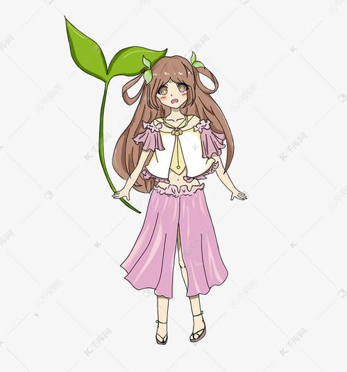 拿着叶子的可爱卡通女孩