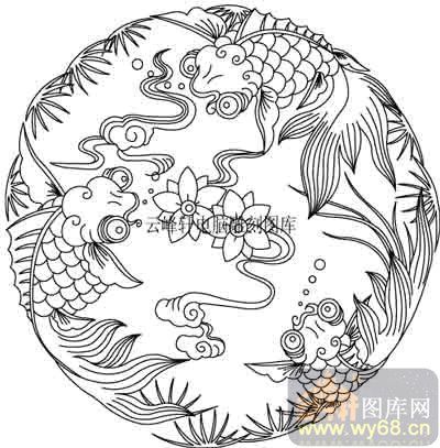 100个中国传统吉祥图-白描图-吉祥金鱼-b-023-鱼吉祥图案