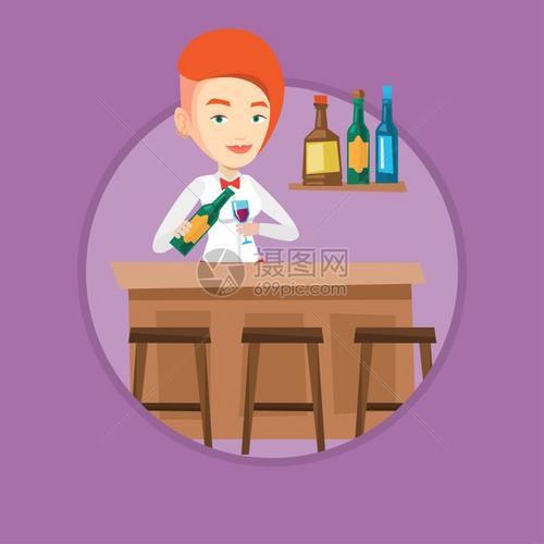 在吧台上倒酒的女酒保卡通矢量插画