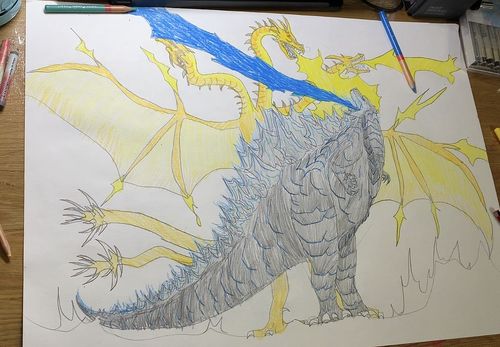 哥斯拉与基多拉|插画|儿童插画|我是biu哥 - 原创作品