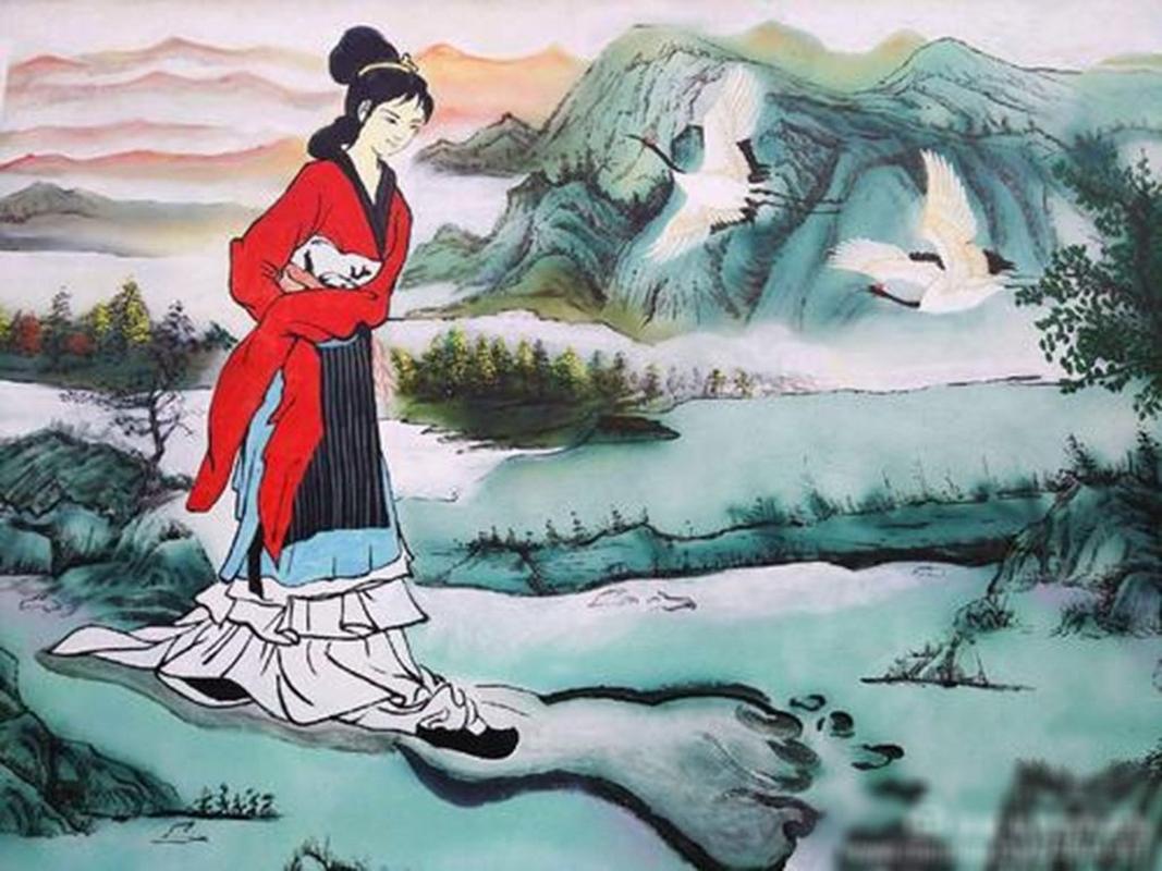 远古时期,一名为姜嫄的女子外出,看见地上有两行硕