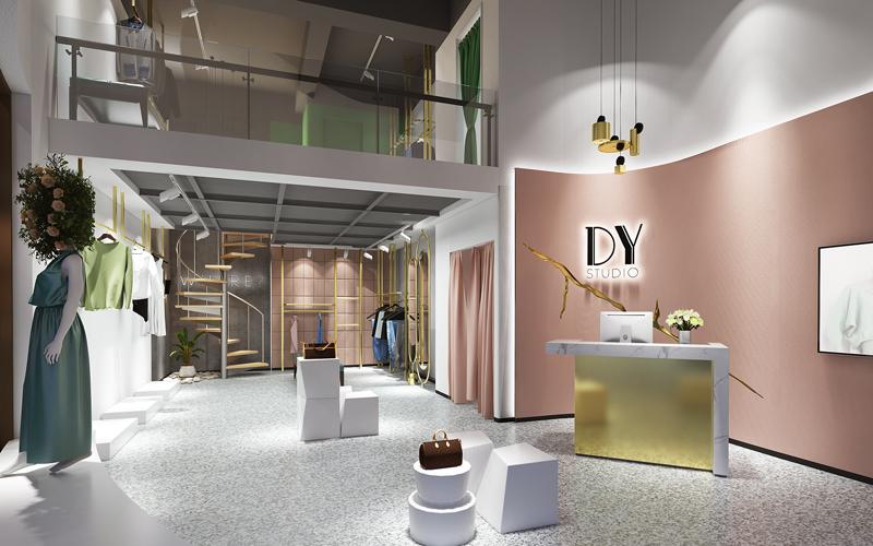 在照明上点光源突出服饰,艺术灯具氛围营造;定制哑光玫瑰金不锈钢货架