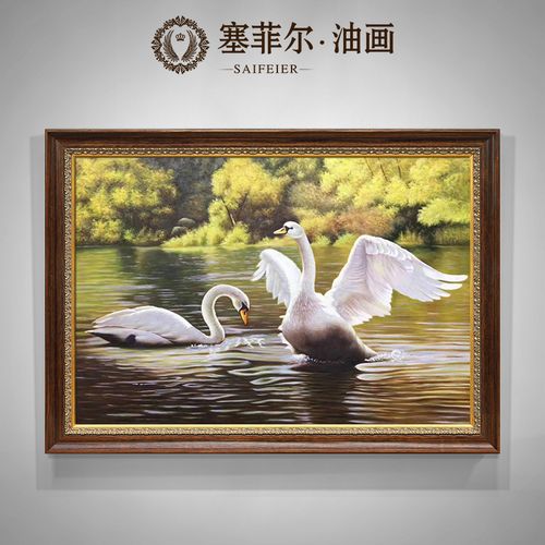 手绘欧式风景油画美式餐厅玄关壁炉装饰画别墅客厅卧室壁画天鹅湖