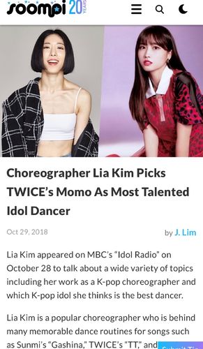 [twice][分享]181029 lia kim前辈盛赞momo"就像由神派下来的舞者"