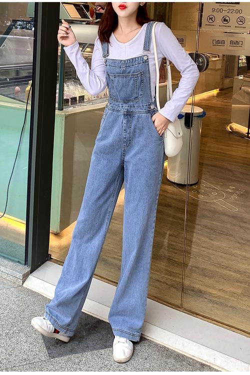 牛仔背带裤女2020春秋新款高腰垂感阔腿裤泫雅直筒裤