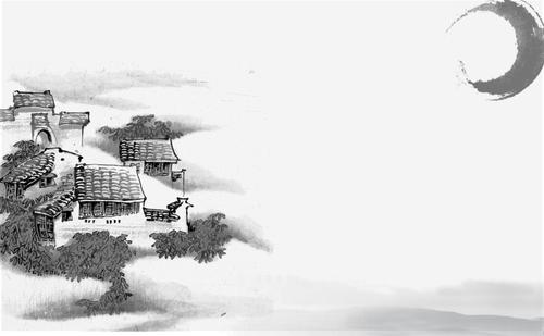 田园乡村水墨画psd素材