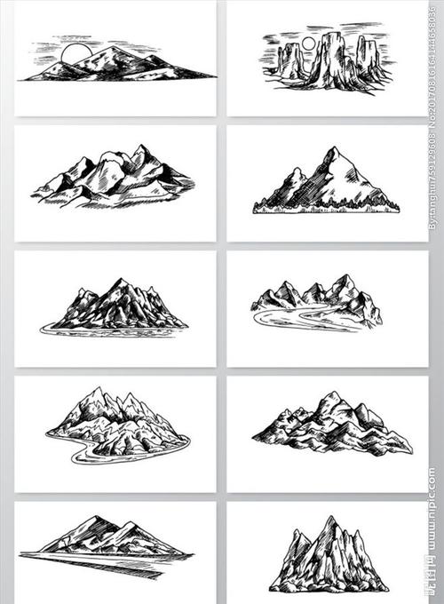 手绘山水画假山矢量图