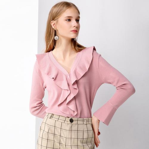 浪漫荷叶边喇叭袖毛衣单排扣v领落肩袖女式针织衫 偏小一码