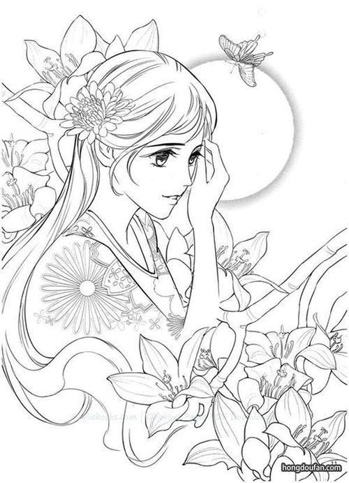 玉兰花下的身穿和服的公主涂色简笔画大全