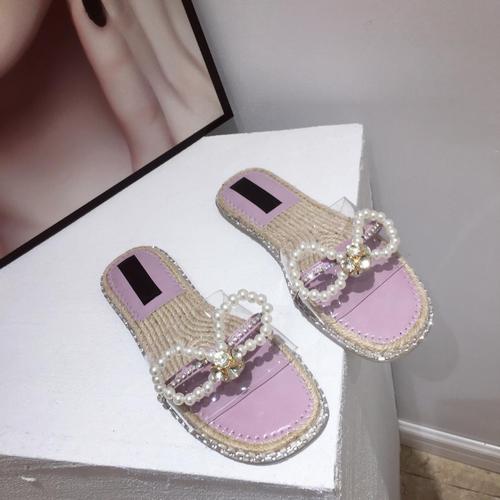 堇年锦尚夏季田园风蝴蝶结透明一字拖鞋2021新款草编珍珠水钻平底沙滩