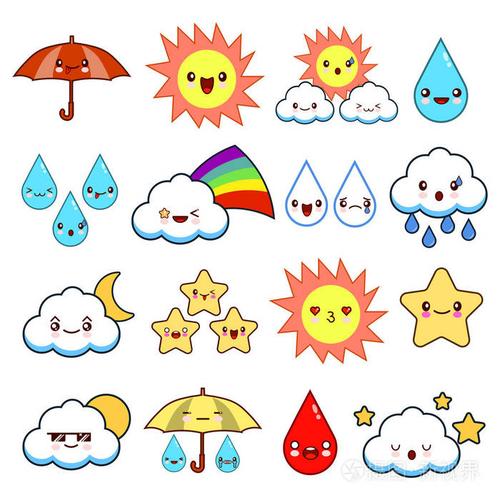 收集不寻常的卡通和滑稽的笑脸天气图标可爱的风格晴天多云下雨刮风