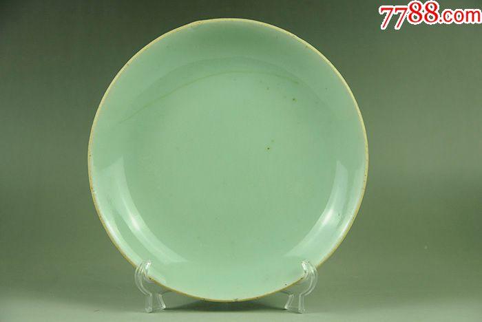 清代单色釉嘉庆豆青釉盘明清景德镇老瓷器古董盘子摆件收藏品包老