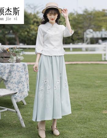 版旗袍盘扣上衣女夏现代复古棉麻采耳汉服套装茶服hh1号白衣绿裙套装m