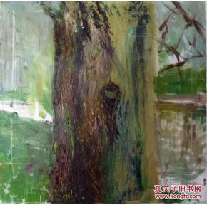 手绘布面油画:无款树干挡住了你的视线