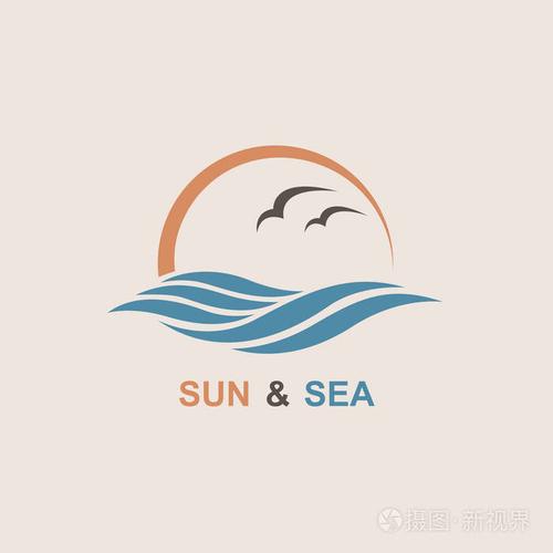 海洋标志与太阳,波浪和海鸥的抽象设计