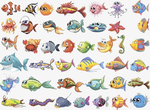 海洋蓝色简约鱼类海草深海装饰画海底生物png