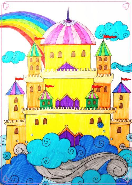 水彩笔画房子 儿童画 云中城堡