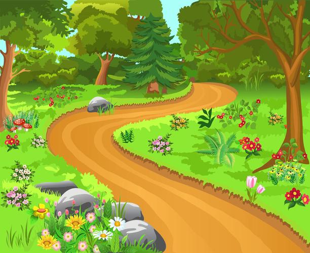 卡通马路鲜花草地风景插画图片