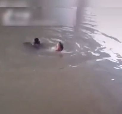一名女子不慎落水,在水中拼命挣扎,岸边的几位村民不会游泳束手无策