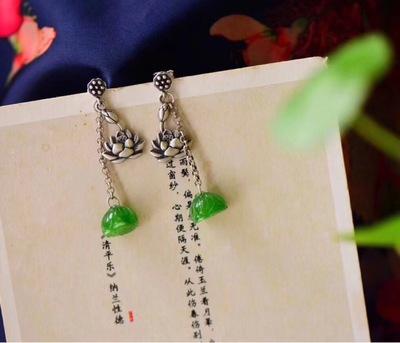 新疆和田玉碧玉复古莲花耳坠