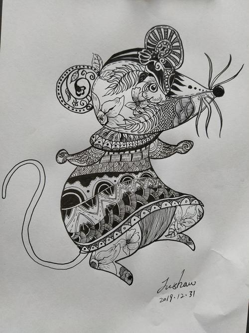 老鼠手绘黑白插画