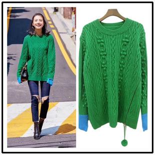 秋冬新品韩版高圆圆同款女式绿色侧拉链麻花宽松中长款针织衫毛衣