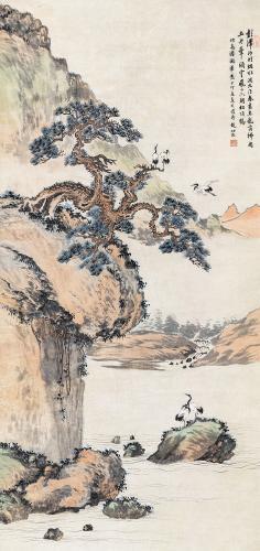 赵叔孺 丁卯(1927年)作 山溪松鹤 立轴 设色纸本